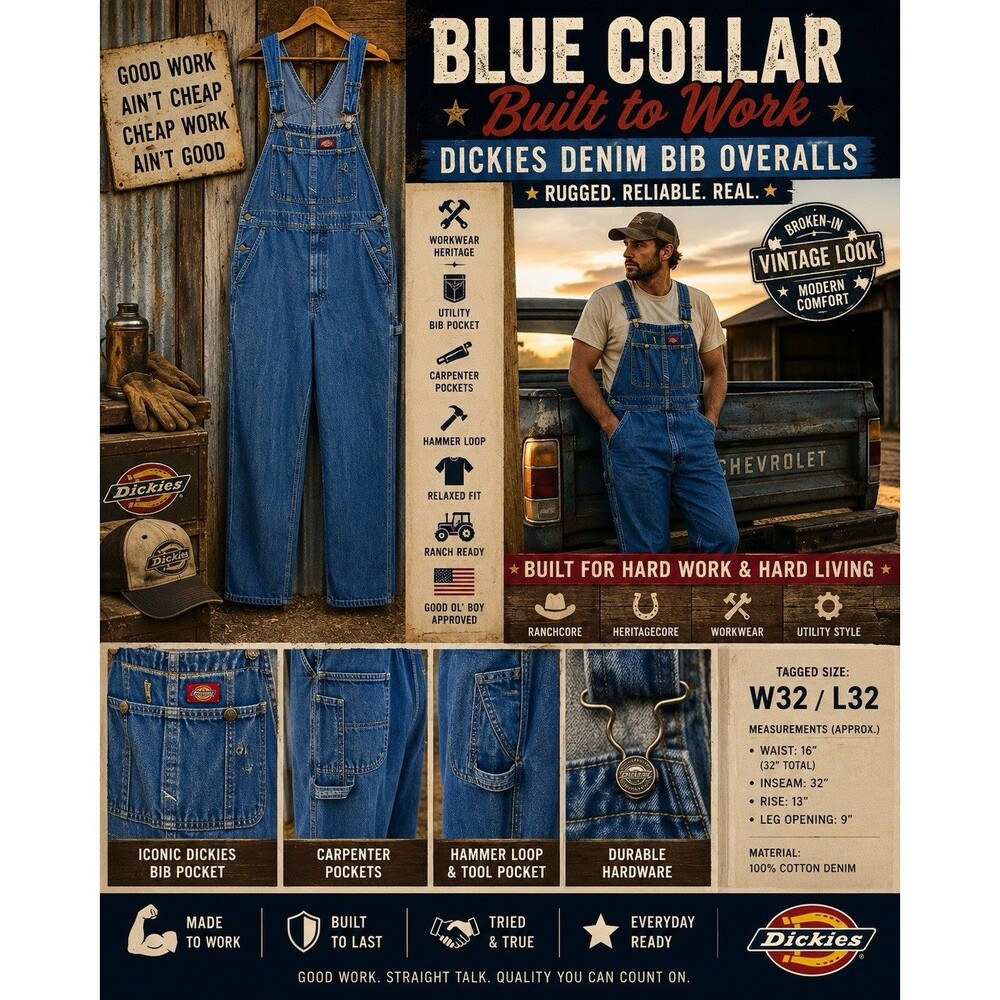 Dickies Denim Bib Overalls Workwear Ranchcore Carpenter Utility Blue Wash 32x32